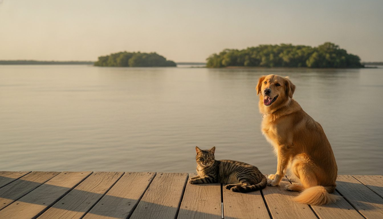 Un perro y un gato sobre un muelle de madera frente a la laguna