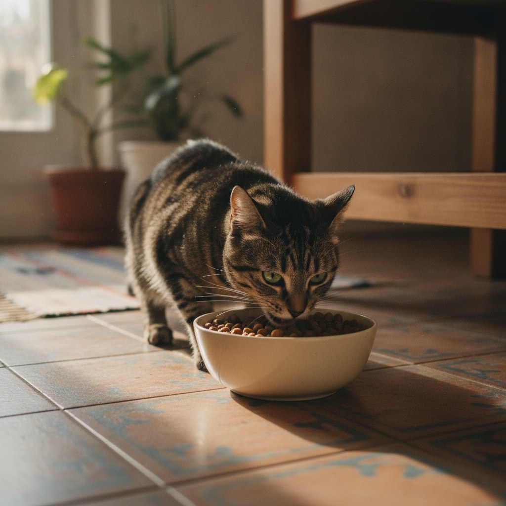 Gato adulto comiendo su alimento