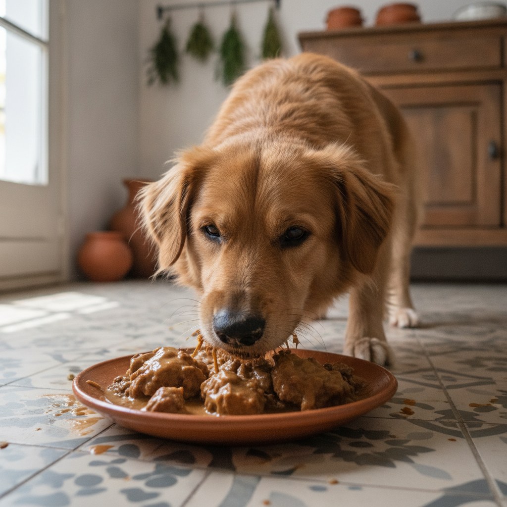 Perro comiendo alimento húmedo